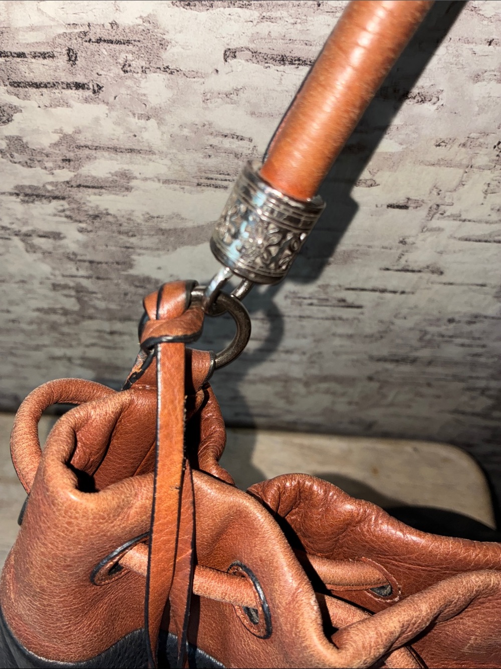 Brighton Black Leather Bucket Hobo with Brown Trim - Picture 6 of 9